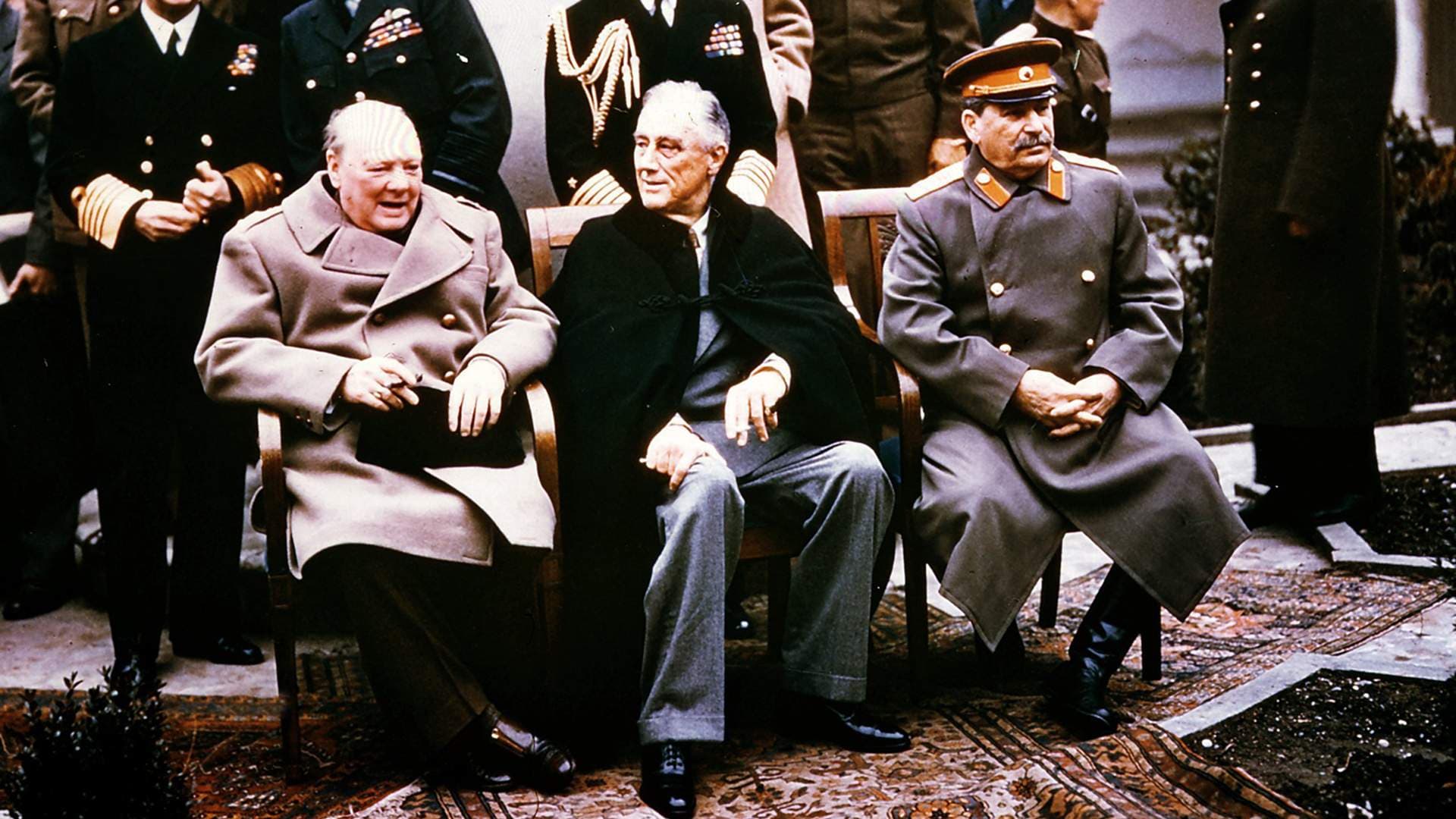 Черчилль, Рузвельт и Сталин на Ялтинской конференции, февраль 1945
