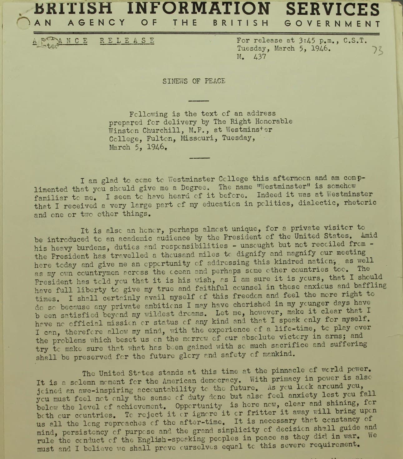 Первая страница речи Черчилля «Sinews of Peace» — пресс-релиз British Information Services от 5 марта 1946 года