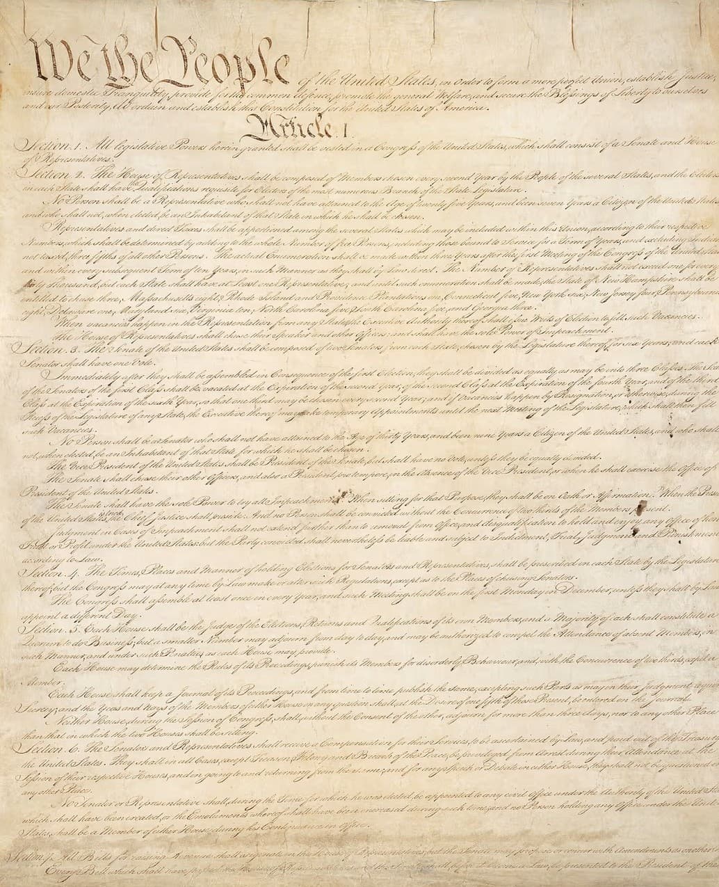 Первая страница оригинала Конституции США 1787 года