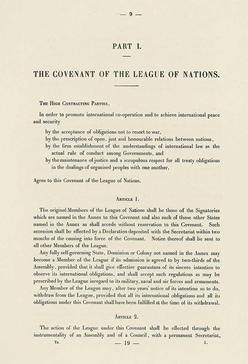 Страница оригинального текста Устава Лиги Наций (Covenant of the League of Nations)