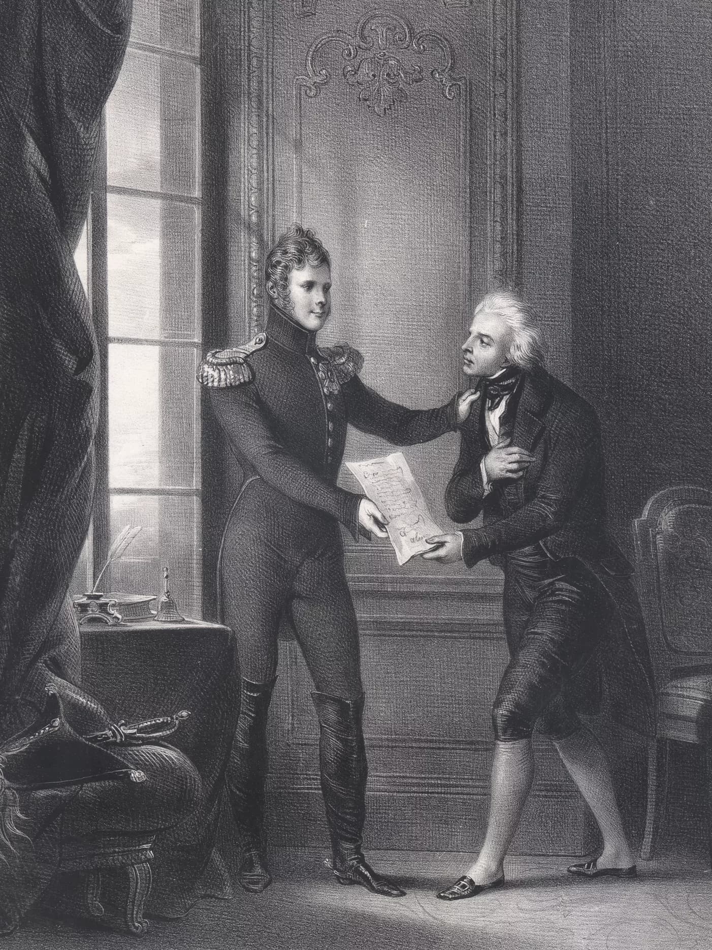 Александр I вручает указ о вольных хлебопашцах графу Румянцеву