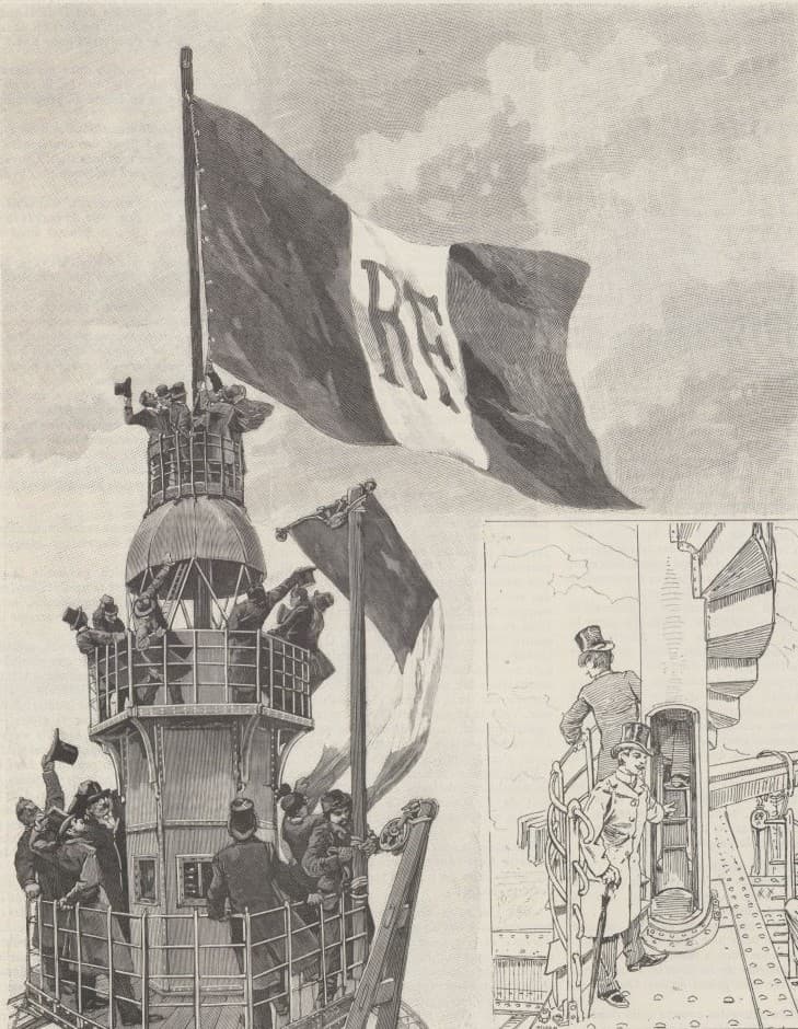 Луи Бомбле. Эйфель водружает триколор на вершине башни. Le Monde illustré, 1889